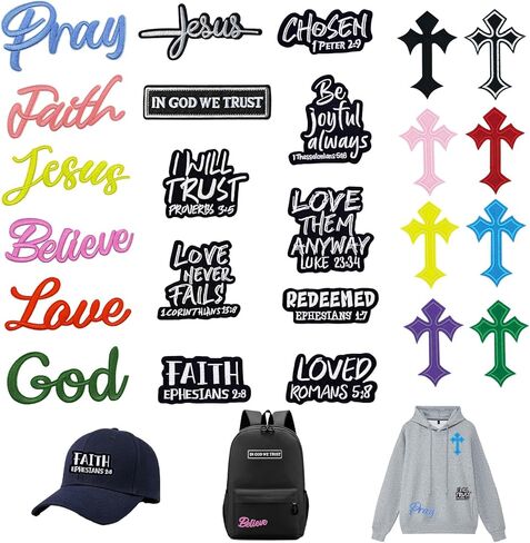 24Pcs Christian Iron on Patches, Religious Embroidered Patches for Clothes, Cross and Bible Verse Iron on Patches for Jackets Hats Backpacks, Faith Based Clothing Patches for Easter in Saudi Arabia
