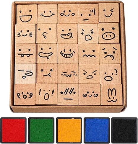 24 Pcs Expression Wooden Rubber Stamps with 5 Color Ink Pads DIY Craft Stamps for Party Decor Scrapbooking Card Making in Saudi Arabia