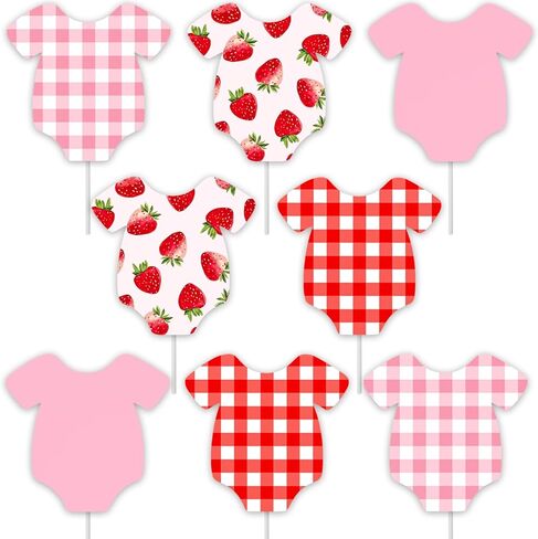 Strawberry Baby Shower Cupcake Toppers 24Pcs Strawberry Gingham Bodysuit Cupcake Decorations Berry Sweet Baby Shower Cupcake Picks Red Pink Plaid Fruit Cake Decor for Gender Reveal Birthday Supplies in Kuwait