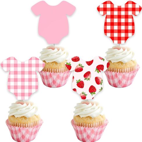 Strawberry Baby Shower Cupcake Toppers 24Pcs Strawberry Gingham Bodysuit Cupcake Decorations Berry Sweet Baby Shower Cupcake Picks Red Pink Plaid Fruit Cake Decor for Gender Reveal Birthday Supplies in Kuwait
