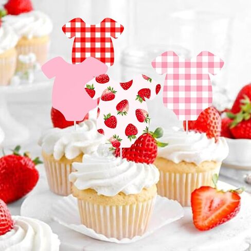 Strawberry Baby Shower Cupcake Toppers 24Pcs Strawberry Gingham Bodysuit Cupcake Decorations Berry Sweet Baby Shower Cupcake Picks Red Pink Plaid Fruit Cake Decor for Gender Reveal Birthday Supplies in Kuwait