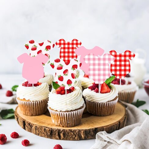 Strawberry Baby Shower Cupcake Toppers 24Pcs Strawberry Gingham Bodysuit Cupcake Decorations Berry Sweet Baby Shower Cupcake Picks Red Pink Plaid Fruit Cake Decor for Gender Reveal Birthday Supplies in Kuwait