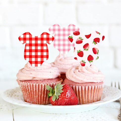 Strawberry Baby Shower Cupcake Toppers 24Pcs Strawberry Gingham Bodysuit Cupcake Decorations Berry Sweet Baby Shower Cupcake Picks Red Pink Plaid Fruit Cake Decor for Gender Reveal Birthday Supplies in Kuwait