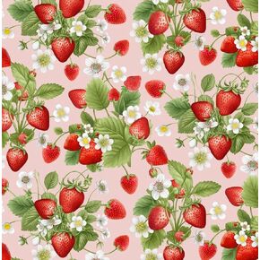 Timeless Treasures Berry Sweet Red Strawberries and Blossom Bouquets on Pink Cotton Fabric by The Yard in Saudi Arabia