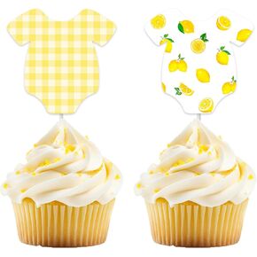 24pcs Lemon Baby Shower Cupcake Toppers, Yellow Buffalo Plaid Baby Onesie Cake Toppers,Lemon Themed Baby Shower Decorations for Gender Reveal Baby Birthday Party Supplies in Kuwait