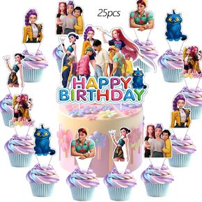 25Pcs For Demon Movie Hunters Cake Decorations with 24pcs Cupcake Toppers, 1pcs Happy Birthday Cake Topper, Cartoon Themed Party Supplies, Perfect for Birthday Party Decorations in Kuwait