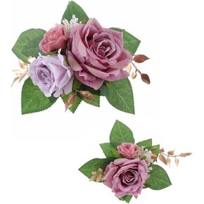 2-Piece Artificial Rose Flower Cake Toppers Set, 9.5 Inch Orange and Peach Roses with Gold Leaves, Wedding Birthday Party Cake Decorations (Orange) in Kuwait