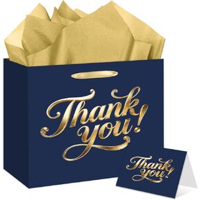 YXYASR Navy Blue and Gold Thank You Gift Bag - Large Gift Wrap Set with Handles - Includes 3 Sheets Gold Tissue Paper and Greeting Card - for Business, Weddings, and Client Appreciation in Kuwait