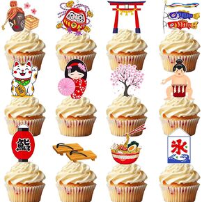 Japanese Themed Cupcake Toppers, 48Pcs Assorted Japan Style Cake Decorations with Sushi, Maneki Neko, Asian Party Supplies for Japanese Birthday, Sushi Night, Sakura Festival in Saudi Arabia