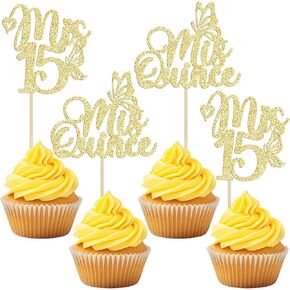 12Pcs Mis Quince Cupcake Toppers - Gold Glitter 'Mis 15' Butterfly Cupcake Decorations for 15th Birthday Theme Party Supplies in Saudi Arabia