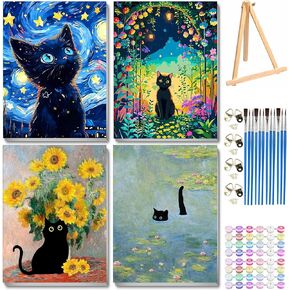 VIGEGU 4 Pack Black Cat Paint by Numbers Kit for Adults with Frame,Paint by Number with Wooden Easel DIY Animal Adult Paint by Number Kits for Home Decor12x16inch in Saudi Arabia