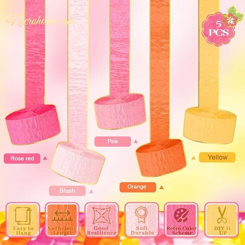 NICROHOME EUR Orange Pink Summer Party Crepe Paper Streamers, 5 Rolls Retro Hanging Garland Streamers for Sunset Party Birthday Wedding Baby Shower Fall Thanksgiving Backdrop Decor (1.8 x 82 Ft/Roll) in Saudi Arabia