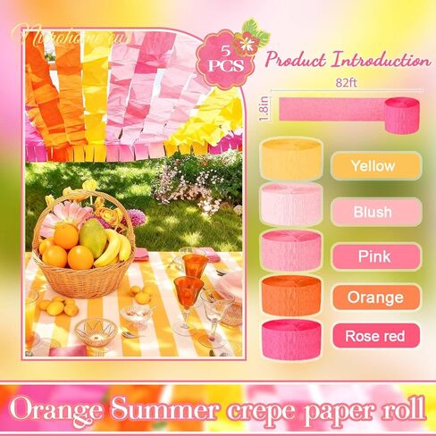 NICROHOME EUR Orange Pink Summer Party Crepe Paper Streamers, 5 Rolls Retro Hanging Garland Streamers for Sunset Party Birthday Wedding Baby Shower Fall Thanksgiving Backdrop Decor (1.8 x 82 Ft/Roll) in Saudi Arabia