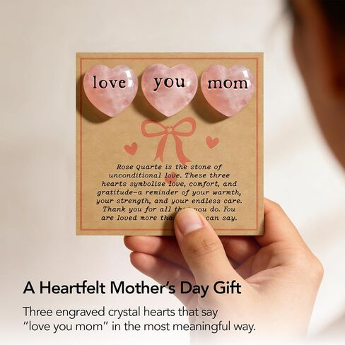 Gift for Mom, 3 Rose Quartz Heart Crystals Engraved “Love You Mom", Pocket Hug Keepsake from Daughter Son, Mother’s Day Gift,Birthday Appreciation Gift(Black) in Saudi Arabia