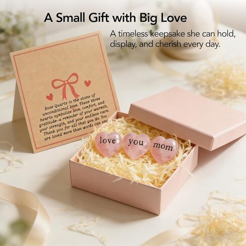 Gift for Mom, 3 Rose Quartz Heart Crystals Engraved “Love You Mom", Pocket Hug Keepsake from Daughter Son, Mother’s Day Gift,Birthday Appreciation Gift(Black) in Saudi Arabia