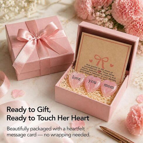 Gift for Mom, 3 Rose Quartz Heart Crystals Engraved “Love You Mom", Pocket Hug Keepsake from Daughter Son, Mother’s Day Gift,Birthday Appreciation Gift(Black) in Saudi Arabia