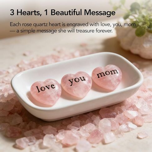 Gift for Mom, 3 Rose Quartz Heart Crystals Engraved “Love You Mom", Pocket Hug Keepsake from Daughter Son, Mother’s Day Gift,Birthday Appreciation Gift(Black) in Saudi Arabia