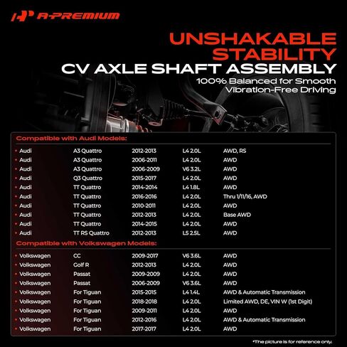 مجموعة عمود المحور A-Premium CV متوافقة مع موديلات Volkswagen & Audi - Passat 2006-2009، Tiguan 2009-2018، Golf R، CC، A3 Quattro، Q3 Quattro، TT Quattro، AWD فقط - جانب الركاب الخلفي الأيمن in Kuwait