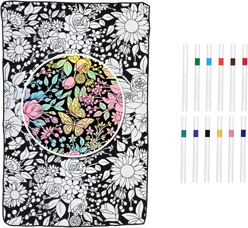 DIY Coloring Blanket for Adults, Blanket with 12 Markers, Washable Cozy Velvet Kit for Everyday Use & Home Decor, Adds a Unique Touch to Living Rooms or Kids' Spaces (Flowers-2) in Saudi Arabia