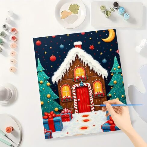 مجموعة طلاء عيد الميلاد بالأرقام للبالغين - بيت خبز الزنجبيل DIY مع رسم أشجار على القماش مقاس 16 × 20 بوصة، مجموعة طلاء أكريليك، مناسبة للمبتدئين، فن العطلات لتزيين المنزل أو الهدايا in Kuwait