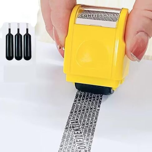 Identity Privacy Roller Stamp, Wide Rolling Security Seal Including 3pcs of Refill Dedicated Ink -for Confidentiality, Address Interceptor Safety and Privacy Protection (Yellow) in Kuwait