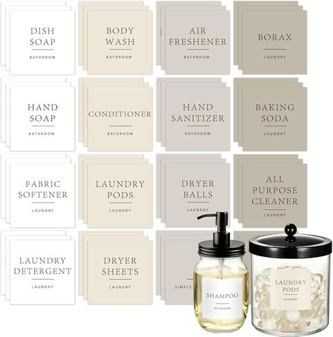 Amolliar Waterproof Bathroom Organization Labels, 48 PCS Soap Shampoo Lotion Dispenser Stickers for Jars & Bottles, Multipurpose Storage Stickers for Bathroom & Laundry Room in Saudi Arabia