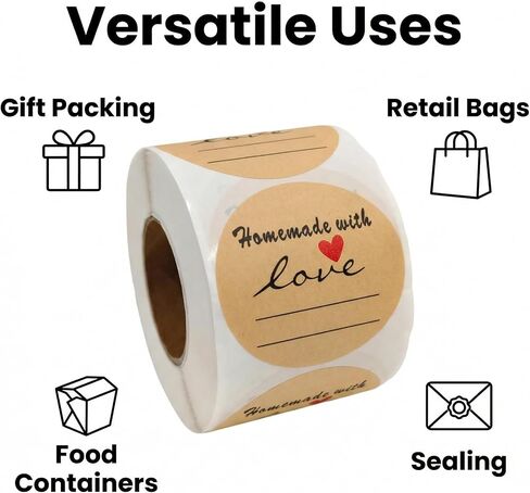 2 Inch Natural Brown Kraft Stickers (500 Per Roll), Homemade with Love Sticker with Lines for Writing (Permanent Adhesive) for Store Owners, Crafts, Organizing, Jar and Canning Labels in Saudi Arabia