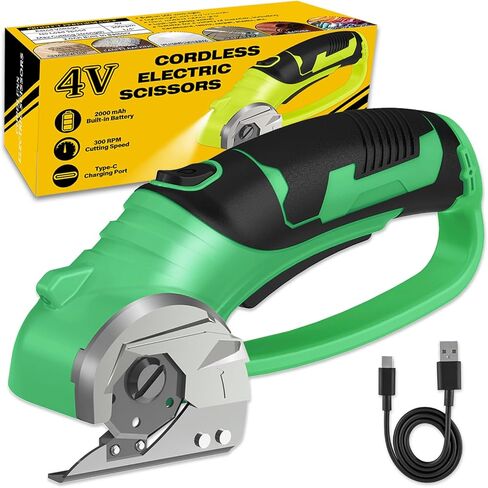 Cordless Electric Scissors, 4V Box Cutter & Cardboard Cutter with 2 Titanium Blades - Rotary Cutter with LED Light for Fabric, Leather, Carpet, Plastic, Crafting + Storage Case (Green) in Saudi Arabia