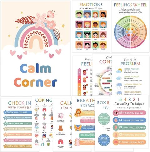 XXBUSSING Calming Corner Posters for Classroom, 12 Pcs Toddler Learning Posters Feelings Chart for Kids Homeschool Calm down Corner Supplies Learning Wall Decor for Classroom in Kuwait