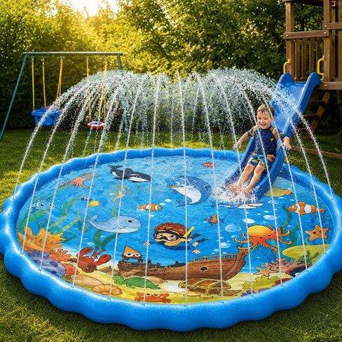 87" Splash Pad for Kids and Adults, Extra Large Sprinkler Water Toys for Backyard Outside, Non-Slip Wading Pool for Toddlers 1-3 4-8, Summer Outdoor Family Water Park in Saudi Arabia