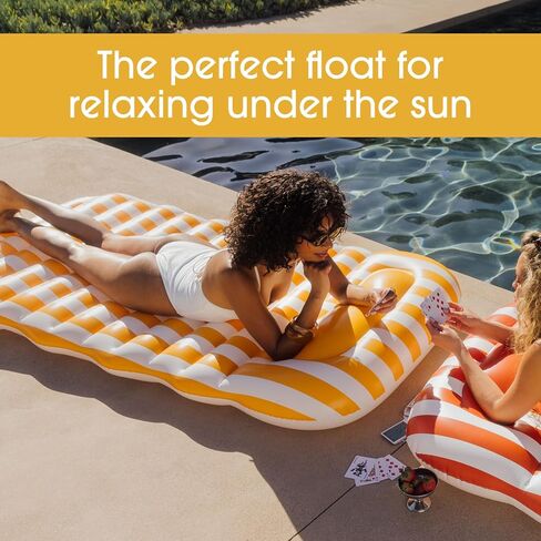 FUNBOY Yellow & White Cabana Striped Flat Lounger Pool Float with Built-in Pillow 70" for Adults Swimming Pool Accessories & Tanning Pool Float for Pool Party & Summer in Kuwait