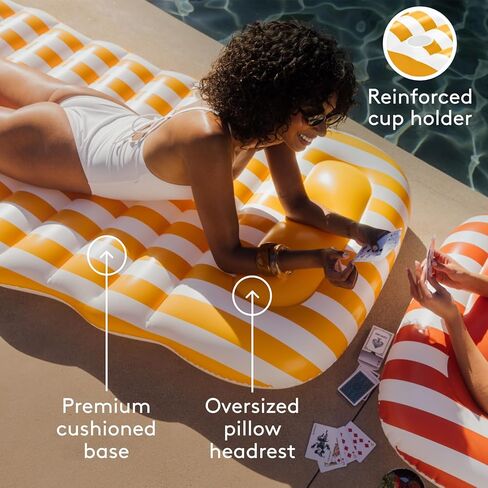 FUNBOY Yellow & White Cabana Striped Flat Lounger Pool Float with Built-in Pillow 70" for Adults Swimming Pool Accessories & Tanning Pool Float for Pool Party & Summer in Kuwait