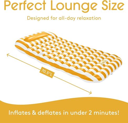 FUNBOY Yellow & White Cabana Striped Flat Lounger Pool Float with Built-in Pillow 70" for Adults Swimming Pool Accessories & Tanning Pool Float for Pool Party & Summer in Kuwait