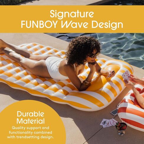 FUNBOY Yellow & White Cabana Striped Flat Lounger Pool Float with Built-in Pillow 70" for Adults Swimming Pool Accessories & Tanning Pool Float for Pool Party & Summer in Kuwait