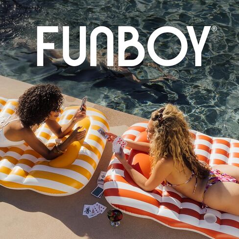 FUNBOY Yellow & White Cabana Striped Flat Lounger Pool Float with Built-in Pillow 70" for Adults Swimming Pool Accessories & Tanning Pool Float for Pool Party & Summer in Kuwait