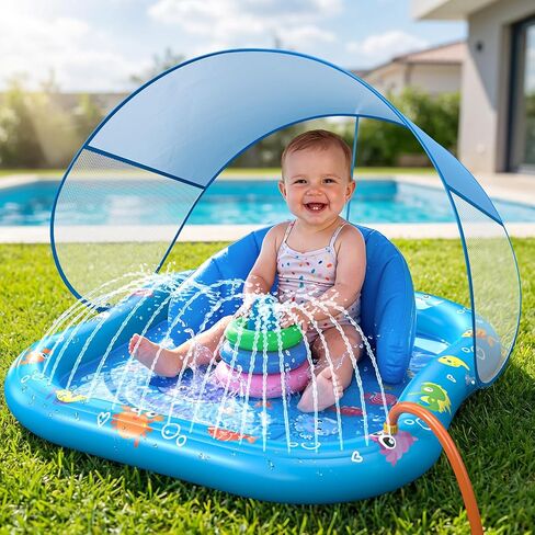Baby Splash Pad with Sprinkler, Inflatable Baby Pool Float with Canopy, Backrest & Stackable Rings, Baby Pool Sprinkler Mat for Toddlers, Summer Outdoor Water Play Toys for Backyard, Garden & Beach in Saudi Arabia