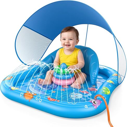 Baby Splash Pad with Sprinkler, Inflatable Baby Pool Float with Canopy, Backrest & Stackable Rings, Baby Pool Sprinkler Mat for Toddlers, Summer Outdoor Water Play Toys for Backyard, Garden & Beach in Saudi Arabia