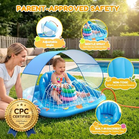 Baby Splash Pad with Sprinkler, Inflatable Baby Pool Float with Canopy, Backrest & Stackable Rings, Baby Pool Sprinkler Mat for Toddlers, Summer Outdoor Water Play Toys for Backyard, Garden & Beach in Saudi Arabia