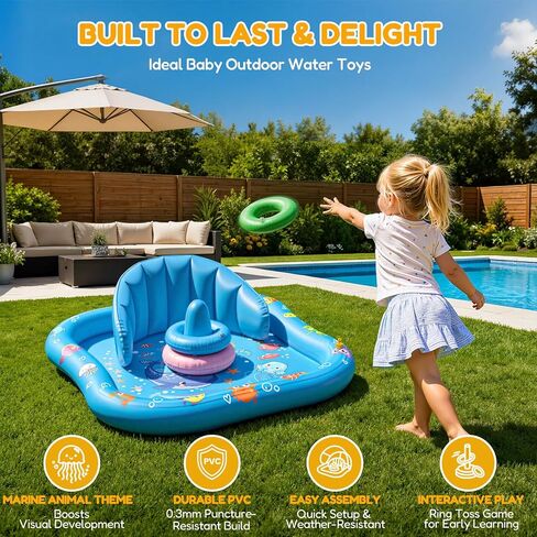 Baby Splash Pad with Sprinkler, Inflatable Baby Pool Float with Canopy, Backrest & Stackable Rings, Baby Pool Sprinkler Mat for Toddlers, Summer Outdoor Water Play Toys for Backyard, Garden & Beach in Saudi Arabia