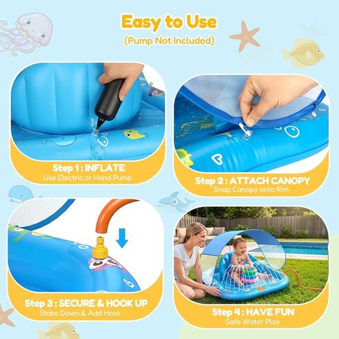 Baby Splash Pad with Sprinkler, Inflatable Baby Pool Float with Canopy, Backrest & Stackable Rings, Baby Pool Sprinkler Mat for Toddlers, Summer Outdoor Water Play Toys for Backyard, Garden & Beach in Saudi Arabia