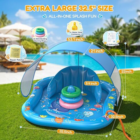 Baby Splash Pad with Sprinkler, Inflatable Baby Pool Float with Canopy, Backrest & Stackable Rings, Baby Pool Sprinkler Mat for Toddlers, Summer Outdoor Water Play Toys for Backyard, Garden & Beach in Saudi Arabia