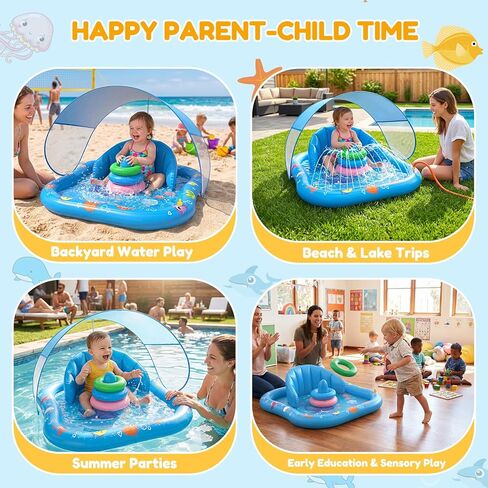 Baby Splash Pad with Sprinkler, Inflatable Baby Pool Float with Canopy, Backrest & Stackable Rings, Baby Pool Sprinkler Mat for Toddlers, Summer Outdoor Water Play Toys for Backyard, Garden & Beach in Saudi Arabia