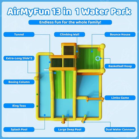 منزلق مائي قابل للنفخ من AirMyFun، منزل ارتداد مائي 13 في 1 للأطفال في الفناء الخلفي مع منزلقات مزدوجة، حوض سباحة سبلاش، جدار تسلق، 2 مدافع مياه، طوق كرة السلة، حديقة مائية قابلة للنفخ مع منفاخ in Kuwait