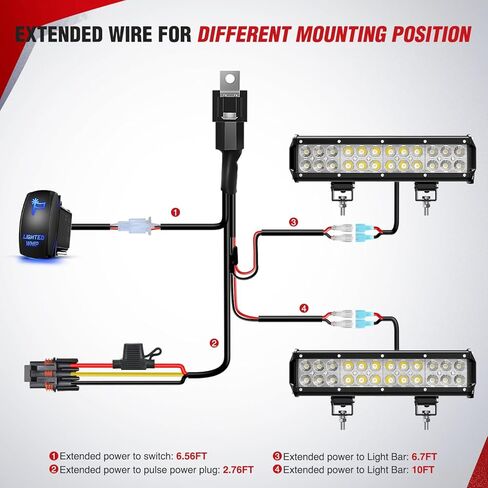 Nilight 16AWG Lighted Whip Wiring Harness Kit with Pulse Power Plug Connector 12V On Off 5Pin Rocker Switch Relay Fuse for Polaris RZR General Ranger Pulse Bus bar - 2 Leads Blue in Kuwait