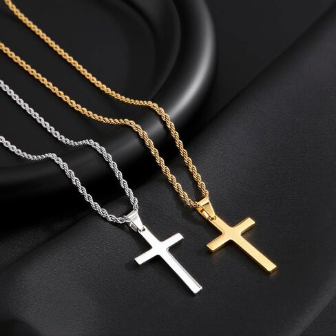2Pcs Cross Necklaces for Men & Women Couple Necklaces, Silver and Gold Stainless Steel Cross Charm Pendant Necklace with 3mm Rope Chain Hypoallergenic and Not Fade Jewelry Valentine's Day Gifts for Him and Her in Saudi Arabia