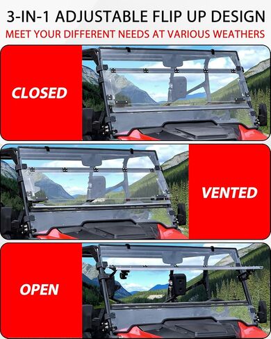 SAUTVS Flip Up الزجاج الأمامي لسيارة Honda Pioneer 1000-3 1000-5 2016-2025، Pioneer 1000-6 2023-2026، ملحقات الزجاج الأمامي الشفاف المطلي بالبوليستر 1/5 بوصة، يمكن إغلاقها أو تهويتها أو فتحها بالكامل in Kuwait