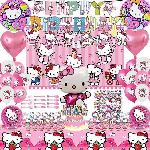 kitty Birthday party decorations,147pcs Cat Party Supplies.Include Birthday Banner, Backdrop, Hanging Swirls, Balloons, Cupcake Toppers, Tablecloth. in Kuwait