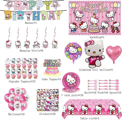 kitty Birthday party decorations,147pcs Cat Party Supplies.Include Birthday Banner, Backdrop, Hanging Swirls, Balloons, Cupcake Toppers, Tablecloth. in Kuwait