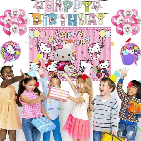 kitty Birthday party decorations,147pcs Cat Party Supplies.Include Birthday Banner, Backdrop, Hanging Swirls, Balloons, Cupcake Toppers, Tablecloth. in Kuwait