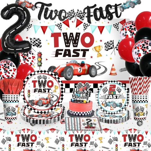 cocomigo 170Pcs Two Fast Birthday Decor, 2 Fast Birthday Decorations Include Plate Cup Napkin Backdrop Banner Tablecloth Balloon Cutlery and Topper in Saudi Arabia